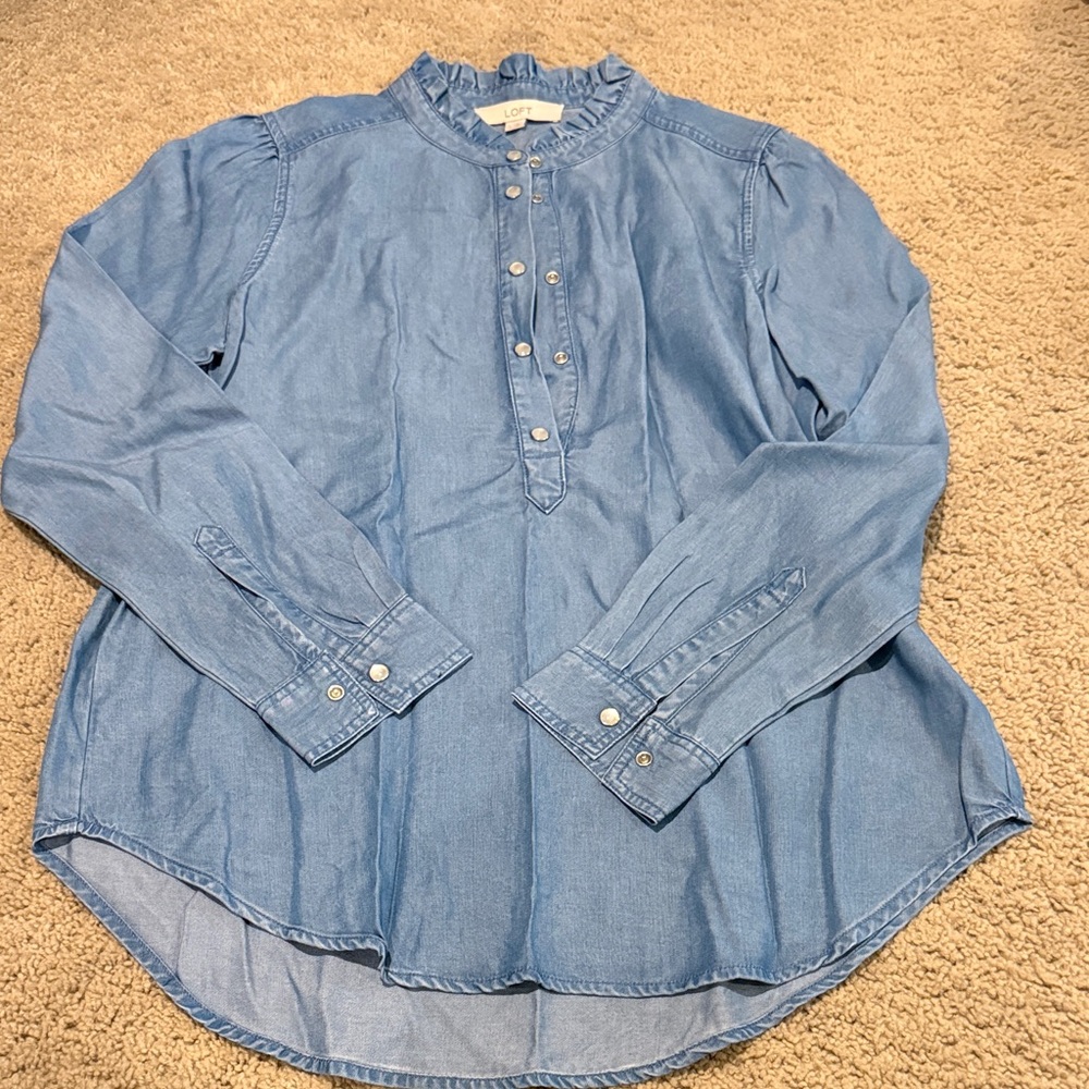LOFT Light Blue Chambray Ruffle-Neck Button Placket Shirt